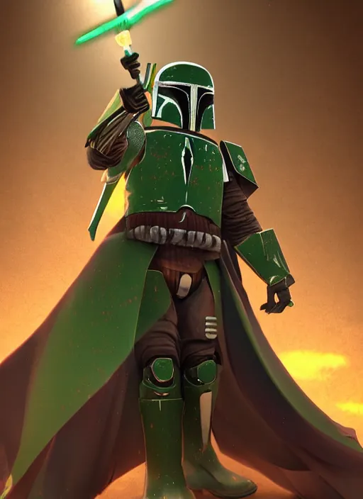 Image similar to arcane wizard x boba fett, fantasy inspired boba fett as a wizard in a scenic environment, 3 d digital art, character mashup, epic volumetric lighting, combination art, photorealistic, sharp focus, aesthetic, inspired by studio ghibli