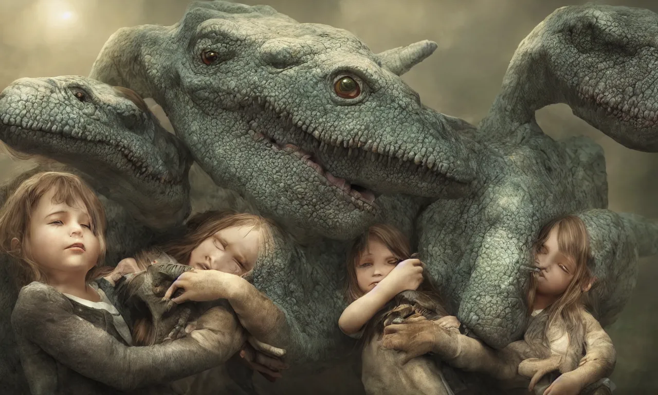 Image similar to portrait of a little girl cuddling with her beloved tyrannosaurus, very high detail, raytracing, back light, raymarching, by ilm, by digital domain, by weta digital