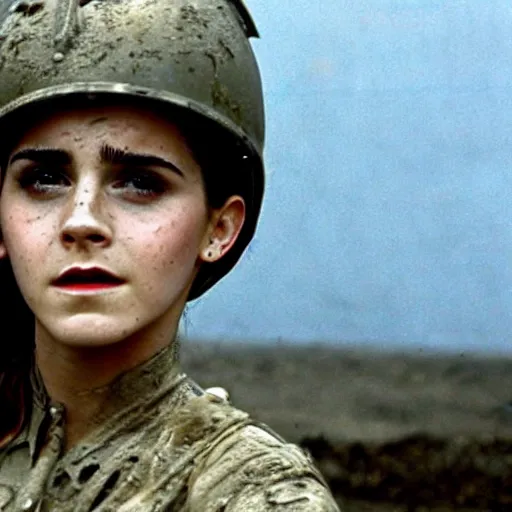 Prompt: emma watson in saving private ryan, face covered in mud