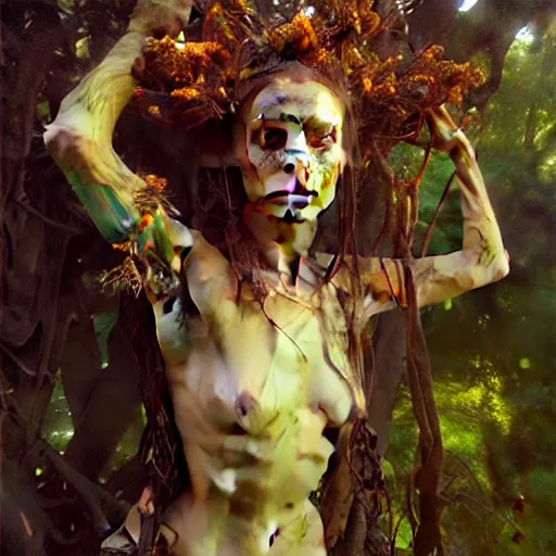 Image similar to highly detailed portrait of a female dryad with a wooden face. art by donato giancola, eugene delacroix, ruan jia, carl larsson, peter mohrbacher. trending on artstation, intricate details, energetic composition, horror themed, golden ratio, concept art, illustration, elegant art, global illumination