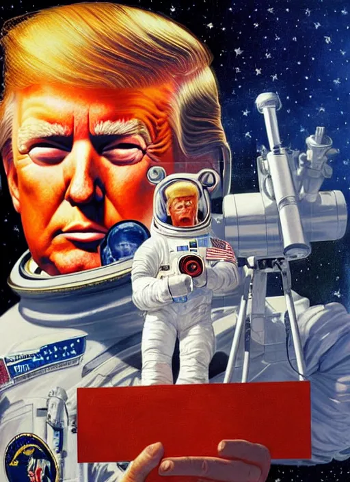 Image similar to painting of donald trump astronaut on mars holding a ray gun by norman rockwell, by drew struzan, high res