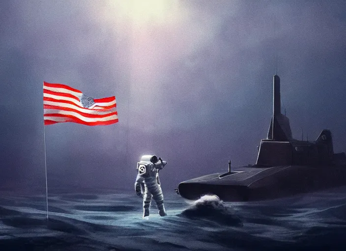 Image similar to astronaut holding a flag in an underwater desert. a submarine is visible in the distance. dark, concept art, cinematic, dramatic, atmospheric, 8 k, trending on artstation, blue, fish, low visibility, light rays, extremely coherent, bubbles, fog, ocean floor, christopher nolan, interstellar