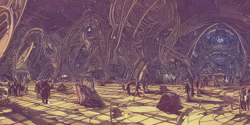 Image similar to cel shaded cinematic shot of the interior of a sci-fi space station with ornate Elven architecture bustling with people, epic castle, emerald, crystalline, detailed illustration, sharp focus, concept art by Moebius, Jean Giraud Moebius