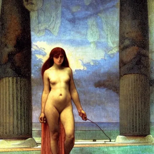 Image similar to Demon girl at the giant column, thunderstorm, greek pool, beach and palm trees on the background major arcana sky, by paul delaroche, alphonse mucha and arnold böcklin arnold böcklin hyperrealistic 8k, very detailed