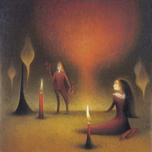 Image similar to by remedios varos, a long haired woman riding a bicycle towards a giant candle in the distance, oil painting, met collection, high resolution