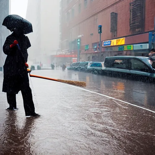 Prompt: closeup portrait of a cleaner with a mop fighting apuddles in rainy new york street, by Steve McCurry and David Lazar, natural light, detailed face, CANON Eos C300, ƒ1.8, 35mm, 8K, medium-format print