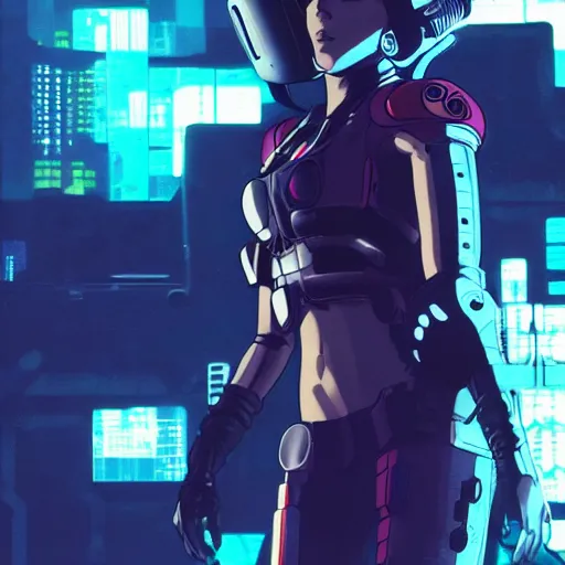 Image similar to a portrait of a female space pirate wearing vr headset and cyber military helmet, cyberpunk aesthetic, ghost in the shell style, akira, Studio Ghibli, manga art