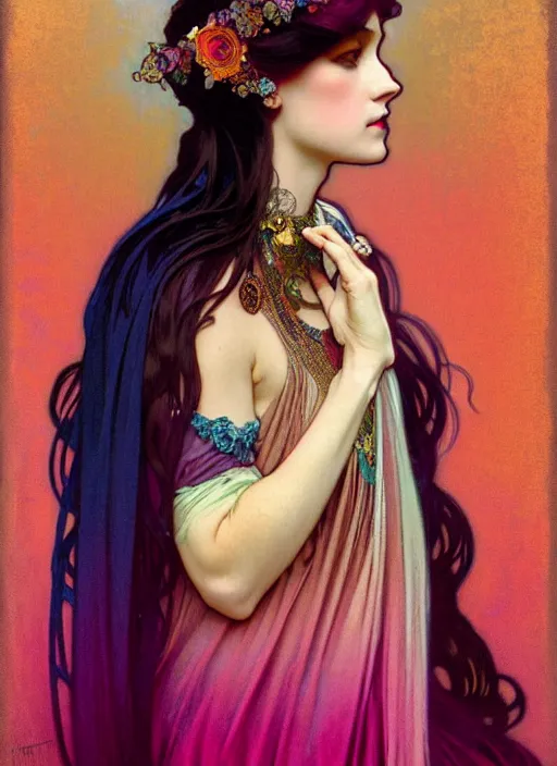 Image similar to ombre velvet gown, feathers, vivid colors, alphonse mucha, brom, lovely dark autumn princess, portrait, long hair, tiara, jeweled choker, by greg rutkowski, anato finnstark, global illumination, radiant light