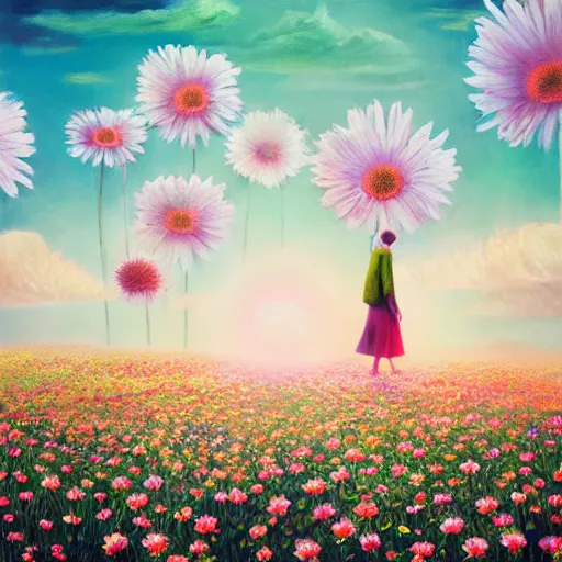 Image similar to giant daisy flower as a head, girl walking in flower field, surreal photography, moon light, dramatic, impressionist painting, colorful clouds, digital painting, artstation, simon stalenhag