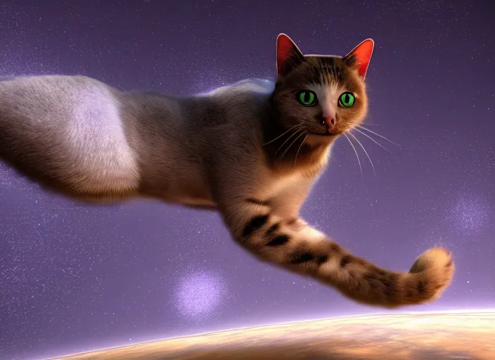 Image similar to a beautiful cat floating in space, realist, 4k, unreal engine