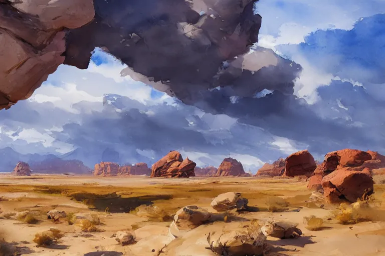 Prompt: watercolor painting of rocky desert landscape, ambient lighting, art by hans gude, art by hans dahl, by jesper ejsing, art by anders zorn, wonderful masterpiece by greg rutkowski, cinematic light, american romanticism by greg manchess, creation by tyler edlin