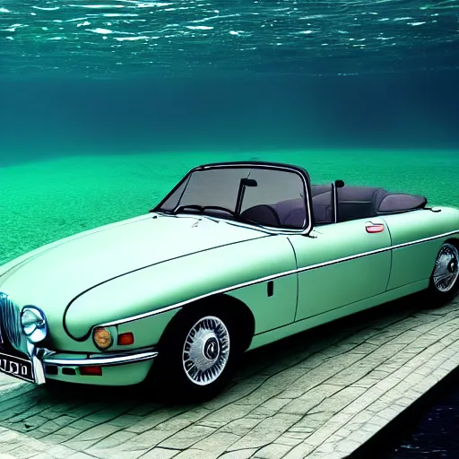 Image similar to hyperrealistic photo of an old jaguar car, half underwater in a swimming pool, 4 k, 8 k, thin film, full shot