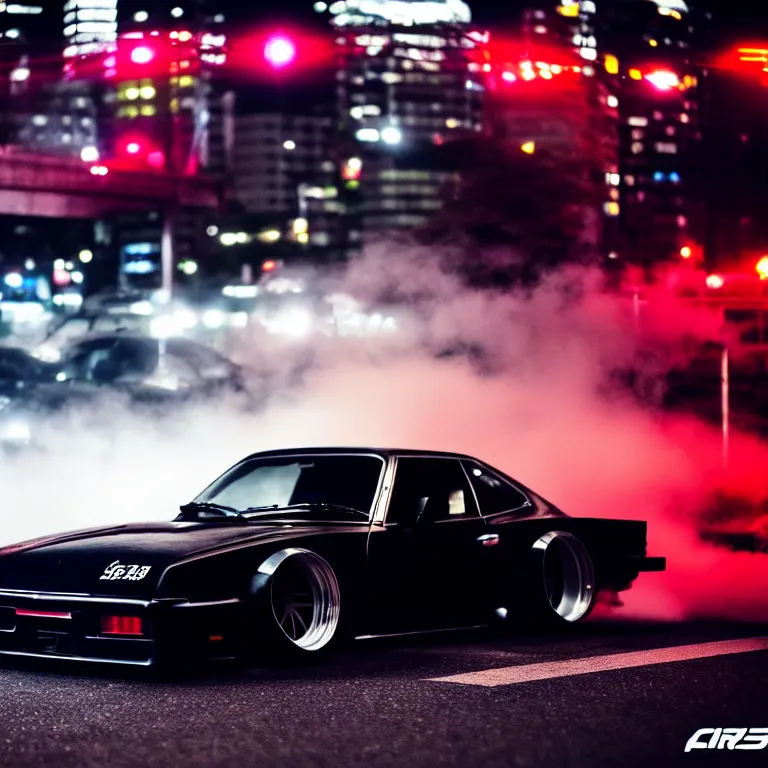 Prompt: a car S30 twin turbo drift at illegal car meet, Shibuya prefecture, city midnight mist lights, cinematic lighting, photorealistic, highly detailed wheels, high detail