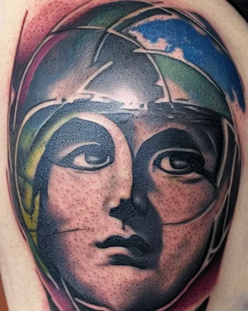 Image similar to planets on the top of a broken renaissance head statue, realism tattoo