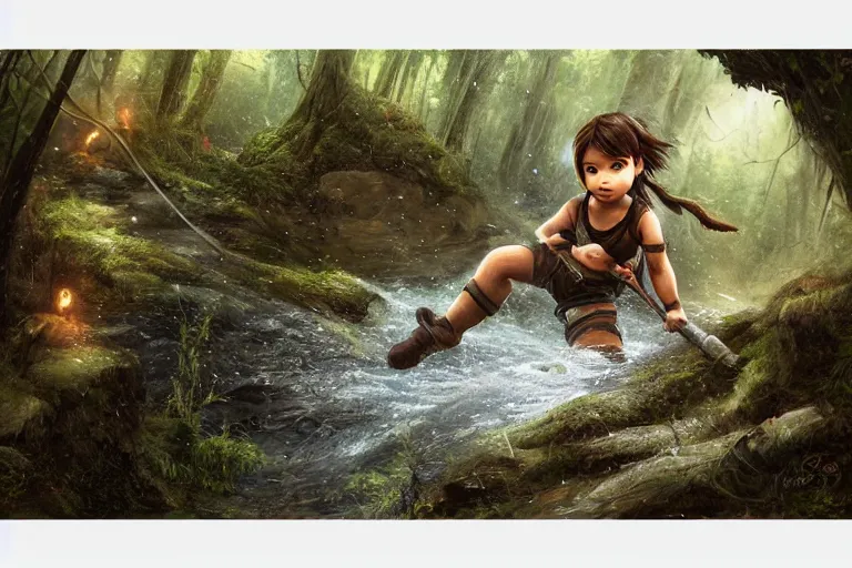 Image similar to wide shot of exhausted Chibi Lara Croft climbing out of a roaring ancient river, fireflies by Lilia Alvarado