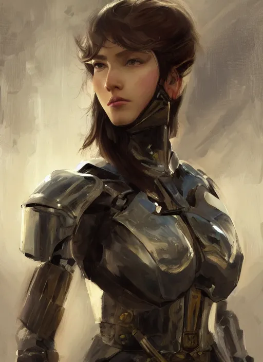 Image similar to a professional painting of a beautiful young female, clothed in military armor, olive skin, long dark hair, beautiful bone structure, symmetrical facial features, intricate, elegant, digital painting, concept art, smooth, sharp focus, illustration, from Metal Gear, by Ruan Jia and Mandy Jurgens and Artgerm and William-Adolphe Bouguerea