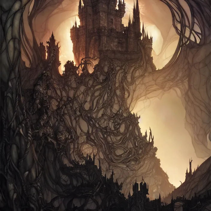 Image similar to style artgerm, joshua middleton, arthur rackham, twisted castle in hell, very long wirey spires, fire swirling, detailed, cave setting, volumetric lighting