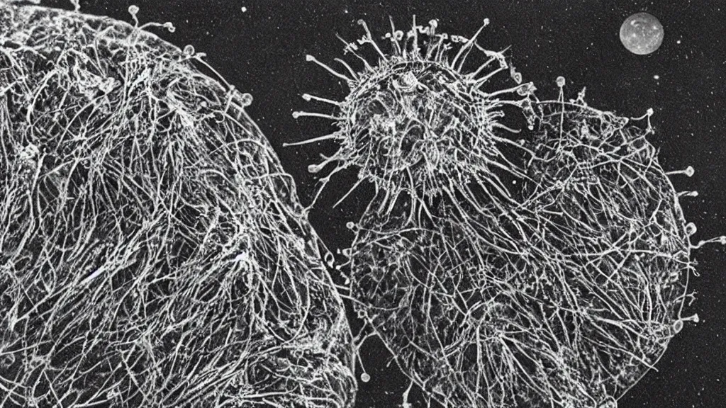 Image similar to a beautiful microscopic scientific photo of a coronavirus and an alien life form seen through the electron microscope, dark, sinister, detailed, in the style of John Gould and ernst haeckel