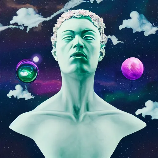 Image similar to surreal gouache painting, clouds, vaporwave marble statue, ruan jia, conrad roset, bubbles, orbs, incredibly detailed, floating molecules and a mannequin artist holding an icosahedron with stars, clouds, and rainbows in the background, retrowave, modular patterned mechanical costume headpiece, masterpiece, intricate, elegant