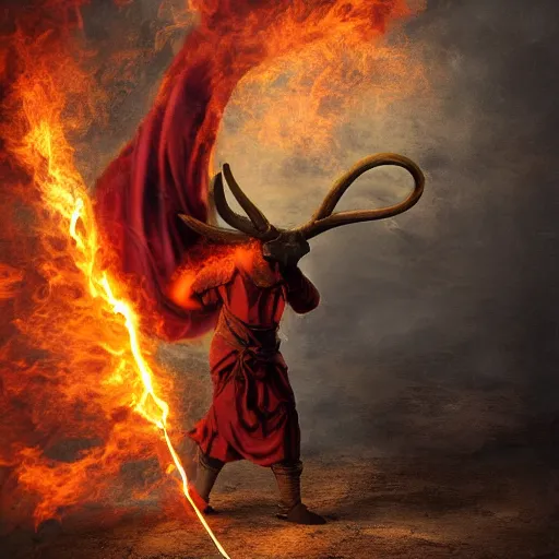 Prompt: ram horned monk brings fire down from the sky, medieval style, highly detailed, digital painting, volumetric light, 8k