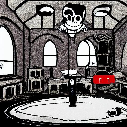 Image similar to sans from Undertale inside of his castle, interior view