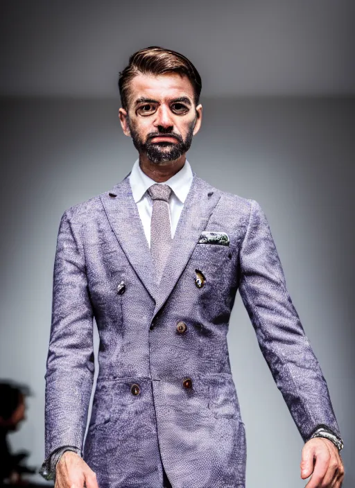 Image similar to hyperrealistic and heavy detailed runway show of italian tailor michel sapone, leica sl 2 5 0 mm, vivid color, high quality, high textured, real life