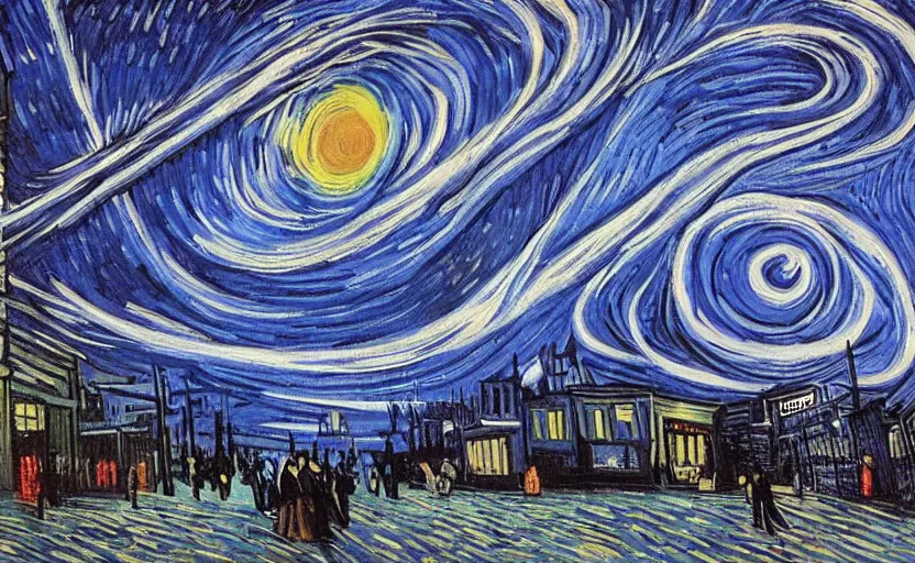 Image similar to people with posters attacking cops, a huge blue spiral - shaped white luminous attractor is floating on the horizon near the sun, stores in los angeles with light screens all over the street, concept art, art for the game, professional lighting, dark night lighting from streetlights, by van gogh