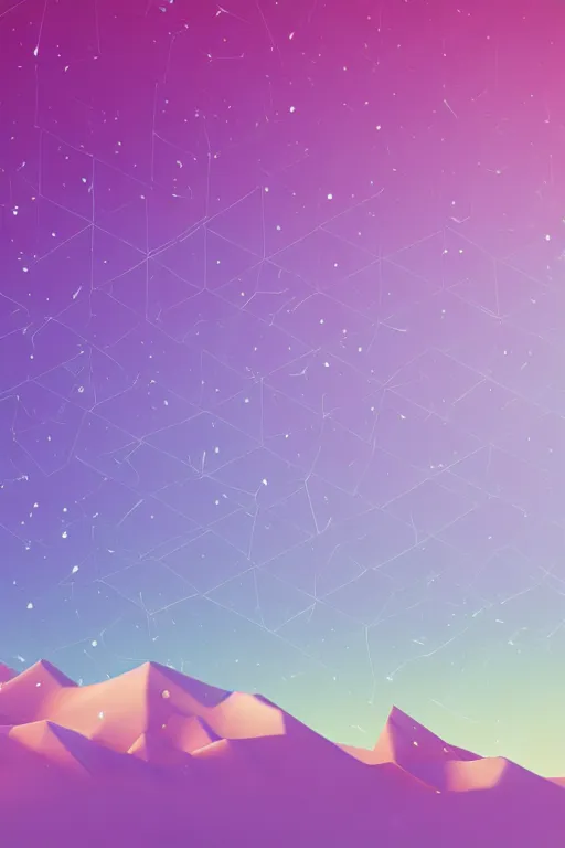 Prompt: geometric 3 d render soft bright pastel mountains with a crescent moon stars