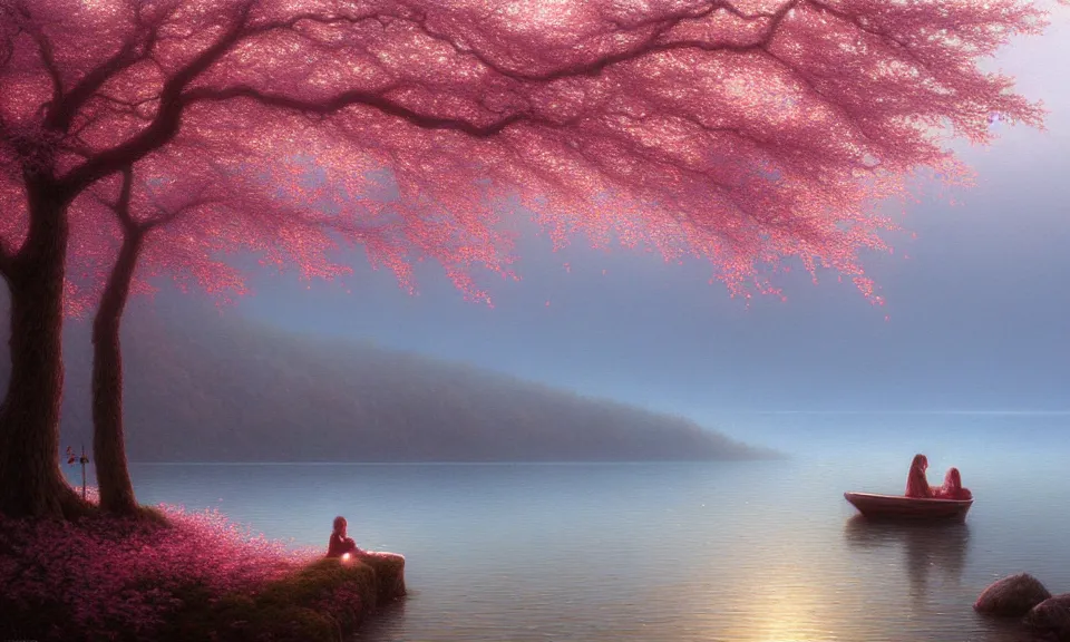 Prompt: a detailed photorealistic computer rendering of cherry trees by the lake, by christophe vacher, trending on artstation