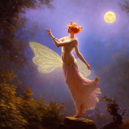 Image similar to attractive fairy magically floating high in the night, fantasy, full moon in background. highly detailed painting by gaston bussiere, craig mullins, j. c. leyendecker, mid shot, 8 k realistic, cryengine, frostbite 3 engine, sharp focus