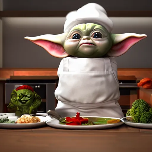 Image similar to curious mouth agape innocent tiny chubby babyfat baby yoda as chef wearing white chefs hat and white apron, offering a plate of food, vegetables, photography, hyperrealism, unreal engine, octane 3 d render, houdini, unity 3 d