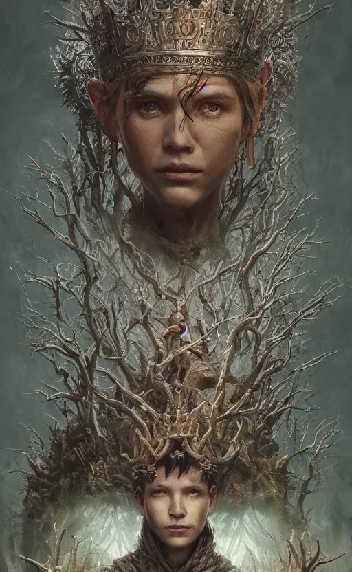 Image similar to eleven king gives away the forest crown to the prince, symmetrical face features, front game card, drark, marvel comics, dark, intricate, highly detailed, smooth, artstation, digital illustration by ruan jia and mandy jurgens and artgerm and wayne barlowe and greg rutkowski and zdislav beksinski