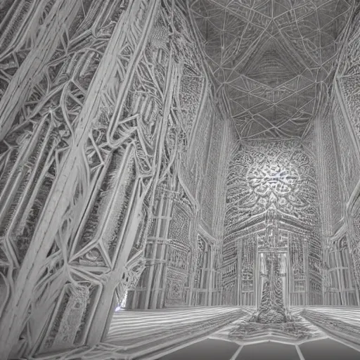 Prompt: a hyperrealistic 3 d render of a sprawling fractal cathedral interior populated by mandelbrot fractals, unreal engine, carved ivory, carved soap, white color scheme, physically based render, volumetric lighting, octane render, glowing, carved marble, opalescent, sacred geometry, catholicpunk, stark, 8 k, ultra detailed