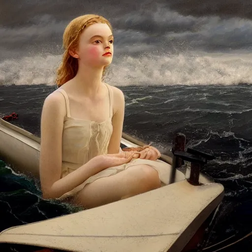 Image similar to Elle Fanning lost at sea at night, stormy weather, extremely detailed masterpiece, oil on canvas, Roger Deakin’s cinematography, by Norman Rockwell,