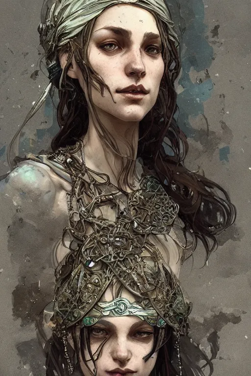 Image similar to A full portrait of a beautiful post apocalyptic celtic blind soothsayer, intricate, elegant, highly detailed, digital painting, artstation, concept art, smooth, sharp focus, illustration, art by Krenz Cushart and Artem Demura and alphonse mucha