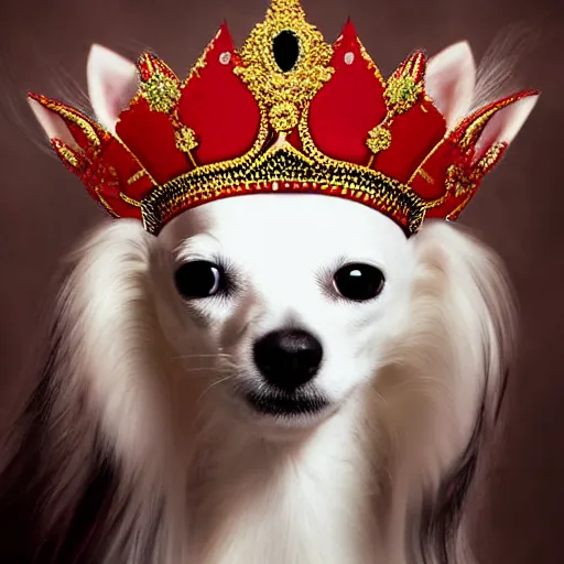 Image similar to long hair white chihuahua king wearing a red and gold crown cinematic composition, digital art, cute