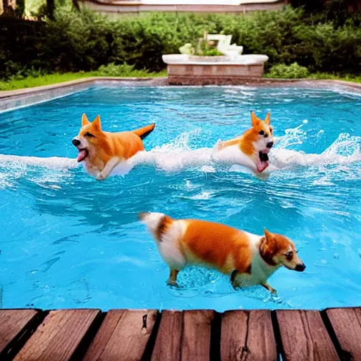 Prompt: multiple corgis swimming in a pool, cute, realistic, happy