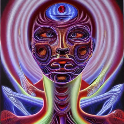 Image similar to enlightened biomechanical a. i, oil painting by alex grey