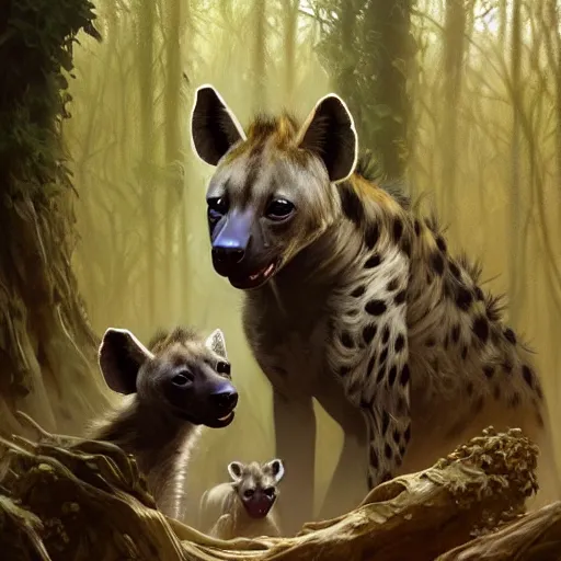 Prompt: photo of a humanoid hyena feeds hyena puppies in the forest, highly detailed, digital painting, artstation, smooth, sharp focus, illustration, art by artgerm and greg rutkowski and alphonse mucha