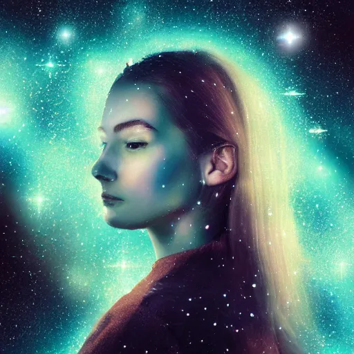 Image similar to woman portrait made out of galaxies floating in space, highly detailed, beautiful, realistic, comic book art, octane render