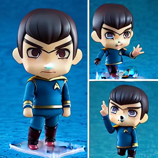 Image similar to spock from the tv series star trek as an anime nendoroid, serious look, pointed ears, spock haircut, starfleet uniform, detailed product photo