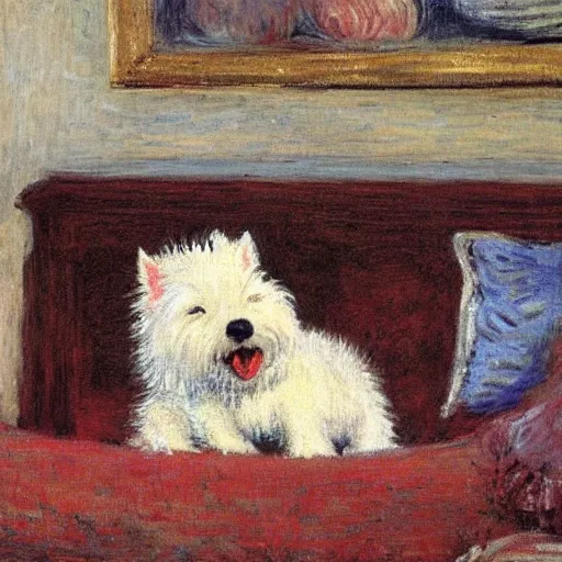 Image similar to a westie dog biting a stuffed hedgehog in a living room by monet