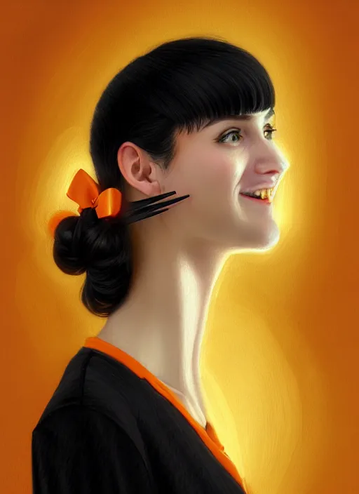 Image similar to portrait of high school girl, realistic, black hair, bangs, half updo hairstyle, pointy nose, skinny, smile, ugly, defined jawline, big chin, orange hair bow, earrings, intricate, elegant, glowing lights, highly detailed, digital painting, artstation, sharp focus, illustration, art by wlop, mars ravelo and greg rutkowski