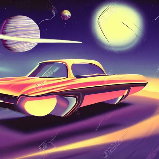 Image similar to 1960s car on a road in space driving towards a planet, trending on art station