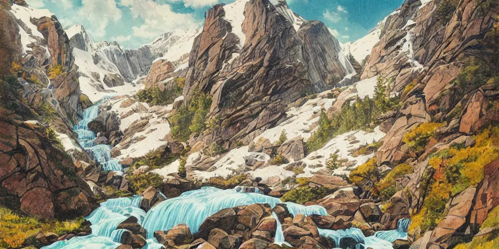 Image similar to beautiful idyllic poster illustration for a craggy ice valley national park by ludwig hohlwein, ludwig hohlwein, with close - up of grandma photorealistic eating crayons photoshopped into it