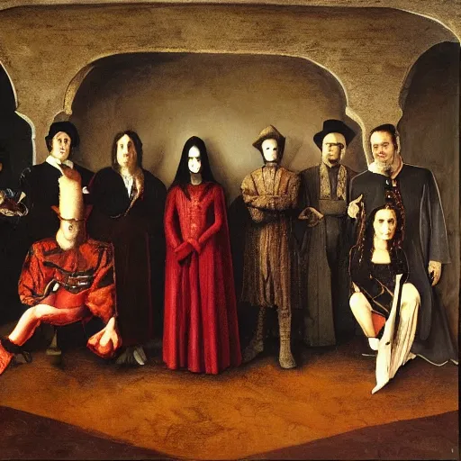 Image similar to the vampires from the show What we do in the shadows oil painting by Leonard Da Vinci ,, ultrarealistic