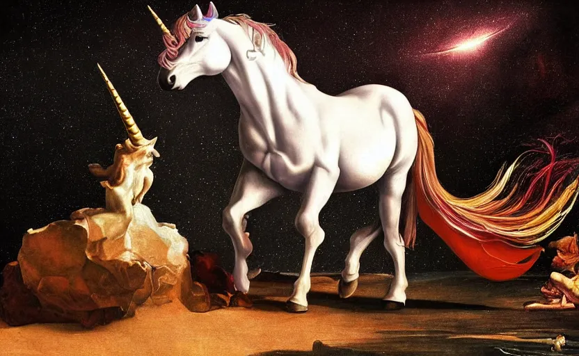 Image similar to a lonely unicorn walking on a rainbow in the universe in the style of Caravaggio, digital art, high quality, highly detailed, high coherence, anatomically correct, Caravaggio, concept art, marterpiece