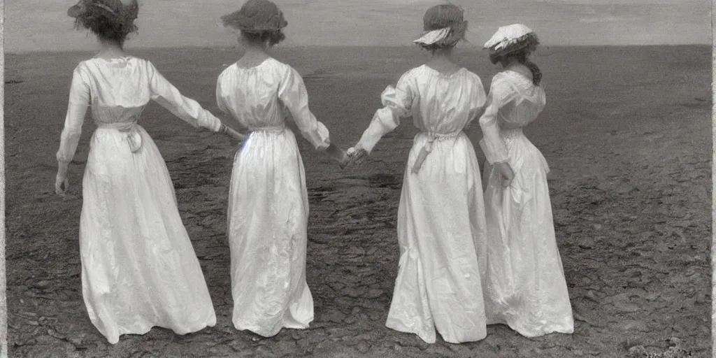 Image similar to 2 young edwardian women wearing white dresses hold hands on a beach in Sweden, in the style of Anders Zorn