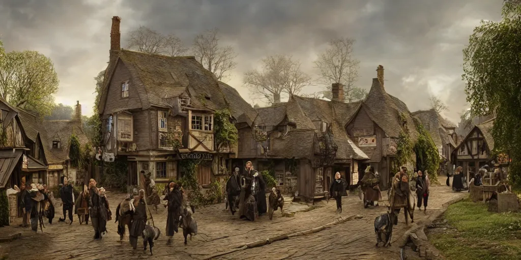 Image similar to beautiful matte painting of old england village by weta workshop 8 k, cinematic dramatic atmosphere, dramatic lighting