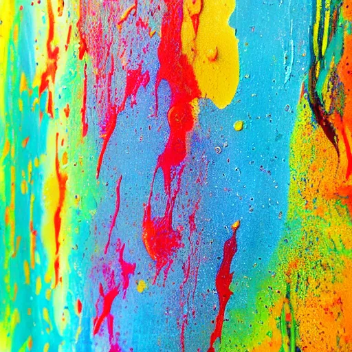 Prompt: flecks of paint lush & immense density long strands of drips in all directions splatters of mixed pigments with solid color inside.